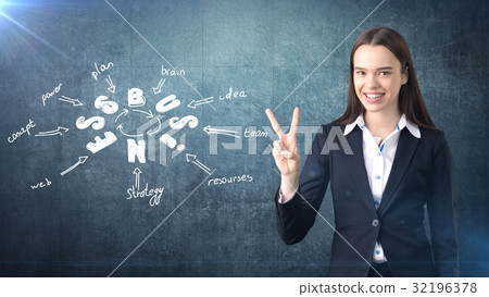 Woman standing near wall with victory sign and a 32196378