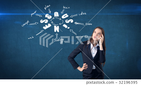 Beauty girl in a suit standing near wall with a Beauty girl in a suit standing near wall with a 32196395