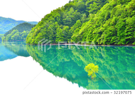 Fresh green autumn fan lake Fresh green autumn fan lake 32197075
