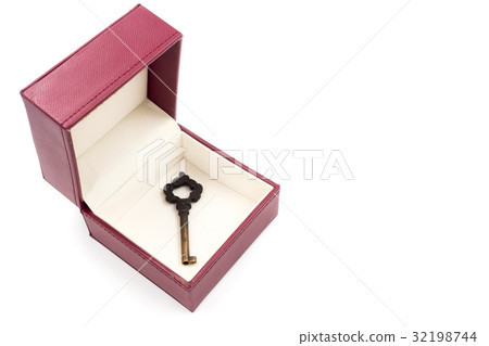 Metal key in red gift box on white background. 32198744