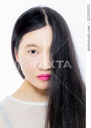 Teenage Asian girl with hair covering half face Teenage Asian girl with hair covering half face 32205052