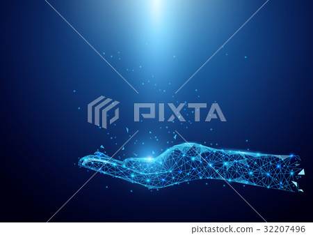 Wireframe hand sign mesh from a starry background Wireframe hand sign mesh from a starry background 32207496