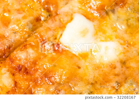 Closeup of melted cheese on sliced pizza. Closeup of melted cheese on sliced pizza. 32208167
