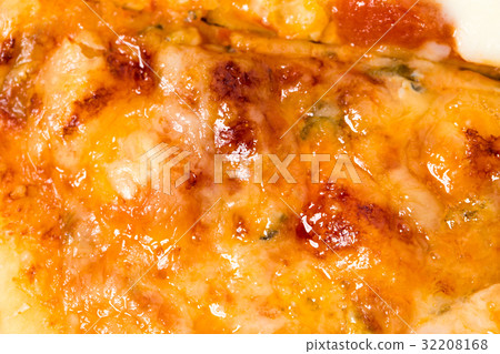 Closeup of melted cheese on sliced pizza. Closeup of melted cheese on sliced pizza. 32208168