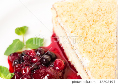 Traditional cheesecake with berry jam. Traditional cheesecake with berry jam. 32208491