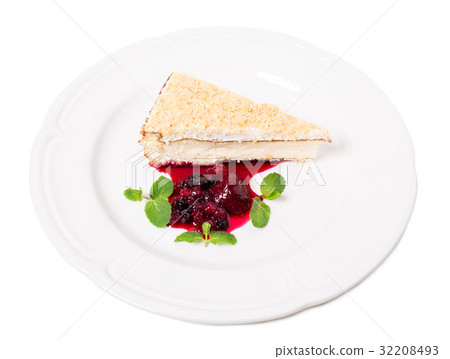 Traditional cheesecake with berry jam. Traditional cheesecake with berry jam. 32208493