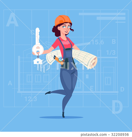 Cartoon Female Builder Holding Key From New House 32208936