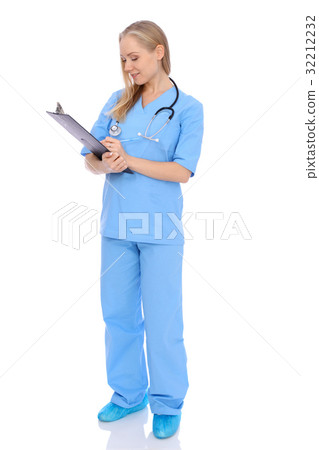 Smiling young nurse portrait isolated over white Smiling young nurse portrait isolated over white 32212232