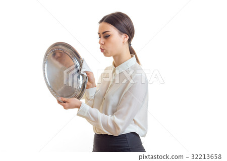 cute brunette waitress with silver trey in hands 32213658