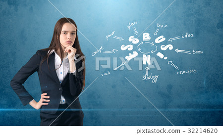 Beauty girl in a suit standing near wall with a 32214620