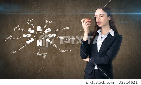 Woman in a suit holding red apple standing near Woman in a suit holding red apple standing near 32214621