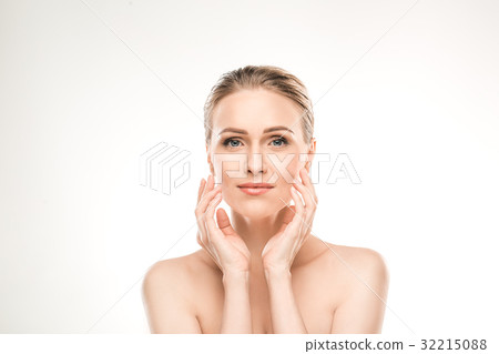 Mature woman beauty health care isolated on white Mature woman beauty health care isolated on white 32215088