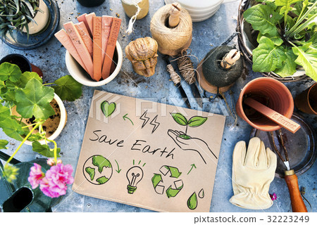 Planting and gardening aerial with environmental banner Planting and gardening aerial with environmental banner 32223249