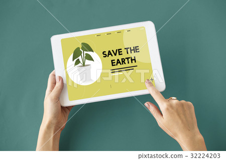 Hands on digital device with environmental graphic Hands on digital device with environmental graphic 32224203