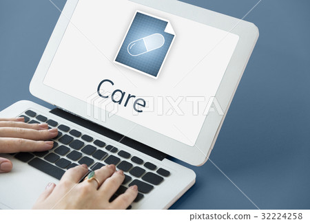 Hands working on laptop network graphic overlay 32224258