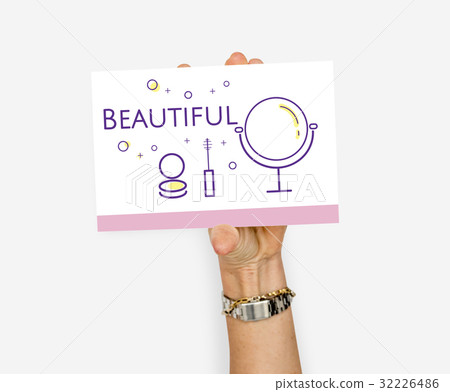 Hand holding illustration of beauty cosmetics makeover skincare banner 32226486