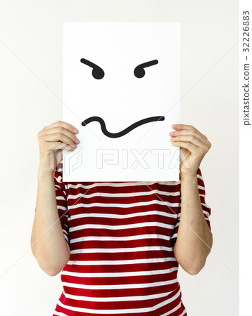 Illustration of agressive madness face on banner 32226883