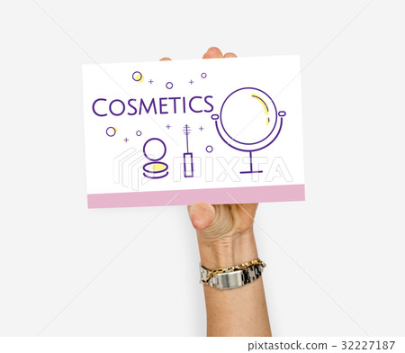Hand holding illustration of beauty cosmetics makeover skincare banner 32227187