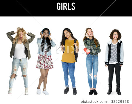 Diverse group of cheerful girls standing in a row 32229528