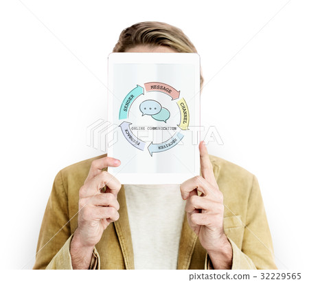 Man holding network graphic overlay digital device covering face 32229565