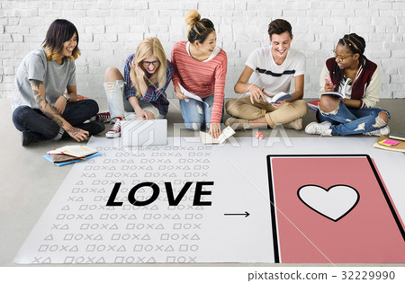 Students working on banner network graphic overlay on floor Students working on banner network graphic overlay on floor 32229990