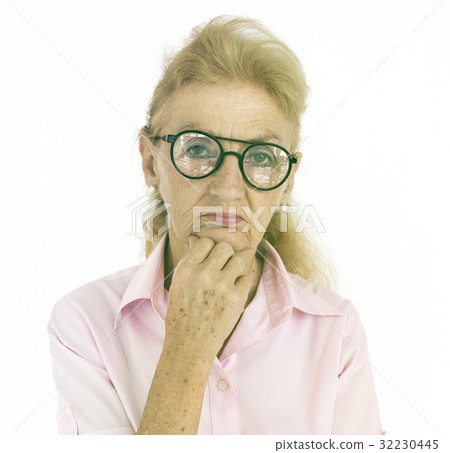 Caucasian Senior Woman Curious Face Expression Portrait Studio Caucasian Senior Woman Curious Face Expression Portrait Studio 32230445