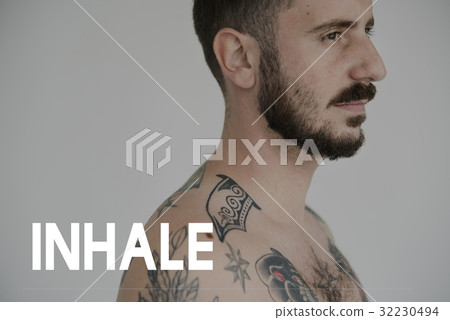 Adult Tattoo Shirtless Man with Inhale Word Adult Tattoo Shirtless Man with Inhale Word 32230494