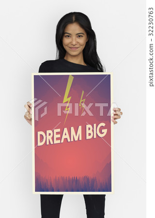 People holding aspiration word quote banner board 32230763