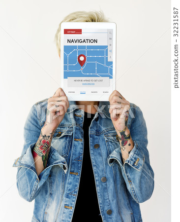Hands holding network graphic overlay digital device covering face Hands holding network graphic overlay digital device covering face 32231587
