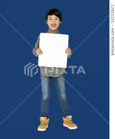Little Boy Holding Blank Paper Board Studio Portrait 32231621