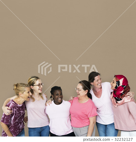 Group of girlfriends with breast cancer awareness charity 32232127