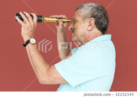 Senior Adult Man Looking Through Spyglass Telescope Studio Portrait Senior Adult Man Looking Through Spyglass Telescope Studio Portrait 32232145