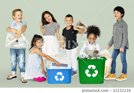 Diverse Group Of Kids Recycling Garbage Diverse Group Of Kids Recycling Garbage 32232216