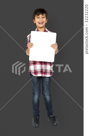 Little Boy Holding Blank Paper Board Studio Portrait 32232220