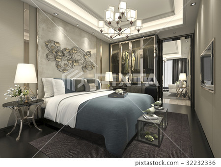 luxury modern bedroom suite in hotel with wardrobe 32232336