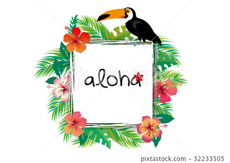 Illustration of summer image | Hibiscus and palm leaves and Toucan lease 32233505