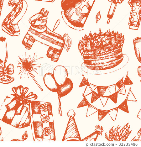 Happy Birthday Hand Drawn Seamless Pattern Stock Illustration