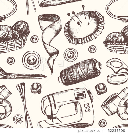 Sewing Accessories - hand drawn seamless pattern 32235508