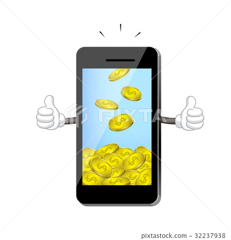 Cute cartoon smart-phone receiving money coin. 32237938