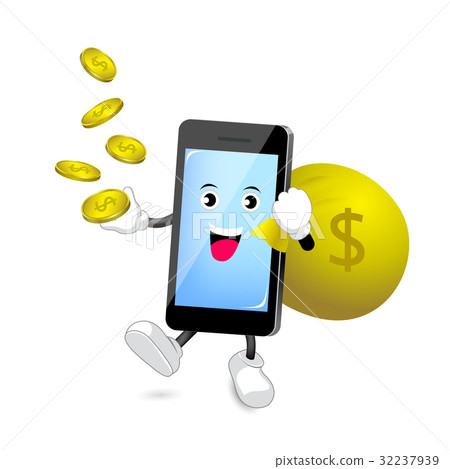Cute  smart-phone character holding bag and money  32237939