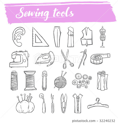 sewing and knitting tools doodle icon set 32240232