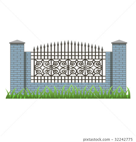 Brick fence with pillars and decorative grille 32242775