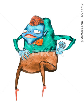 Watercolor illustration of blue humpbacked cartoon 32243747