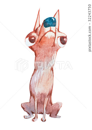 Watercolor illustration of small dog turning away 32243750