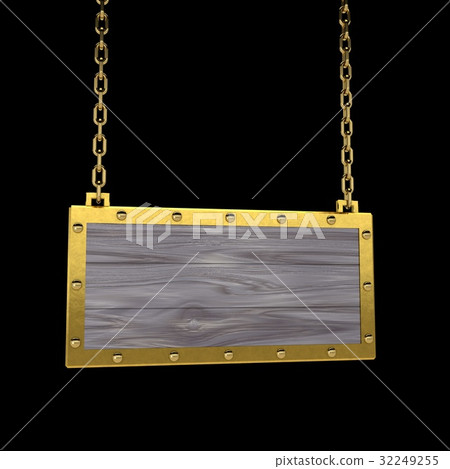 Blank wooden signboard with golden border hanging. 32249255