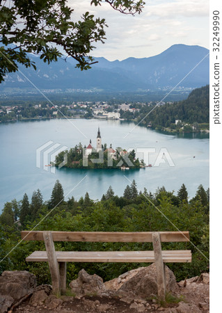 Bled lake with beautiful island observation bench 32249990