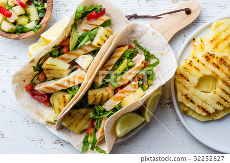 Mexican chicken tacos with grilled pineapple on Mexican chicken tacos with grilled pineapple on 32252827
