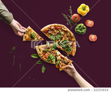 Hands taking slices of italian cuisine pizza Hands taking slices of italian cuisine pizza 32253014
