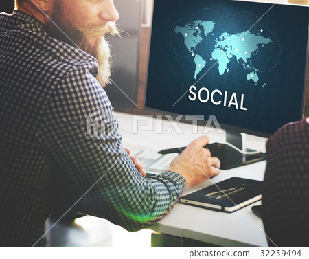 People connected to global communication online community by computer People connected to global communication online community by computer 32259494