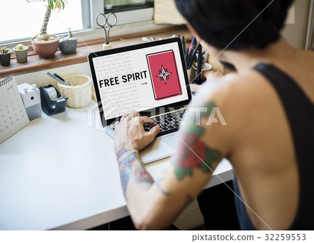 Man working on laptop network graphic overlay 32259553